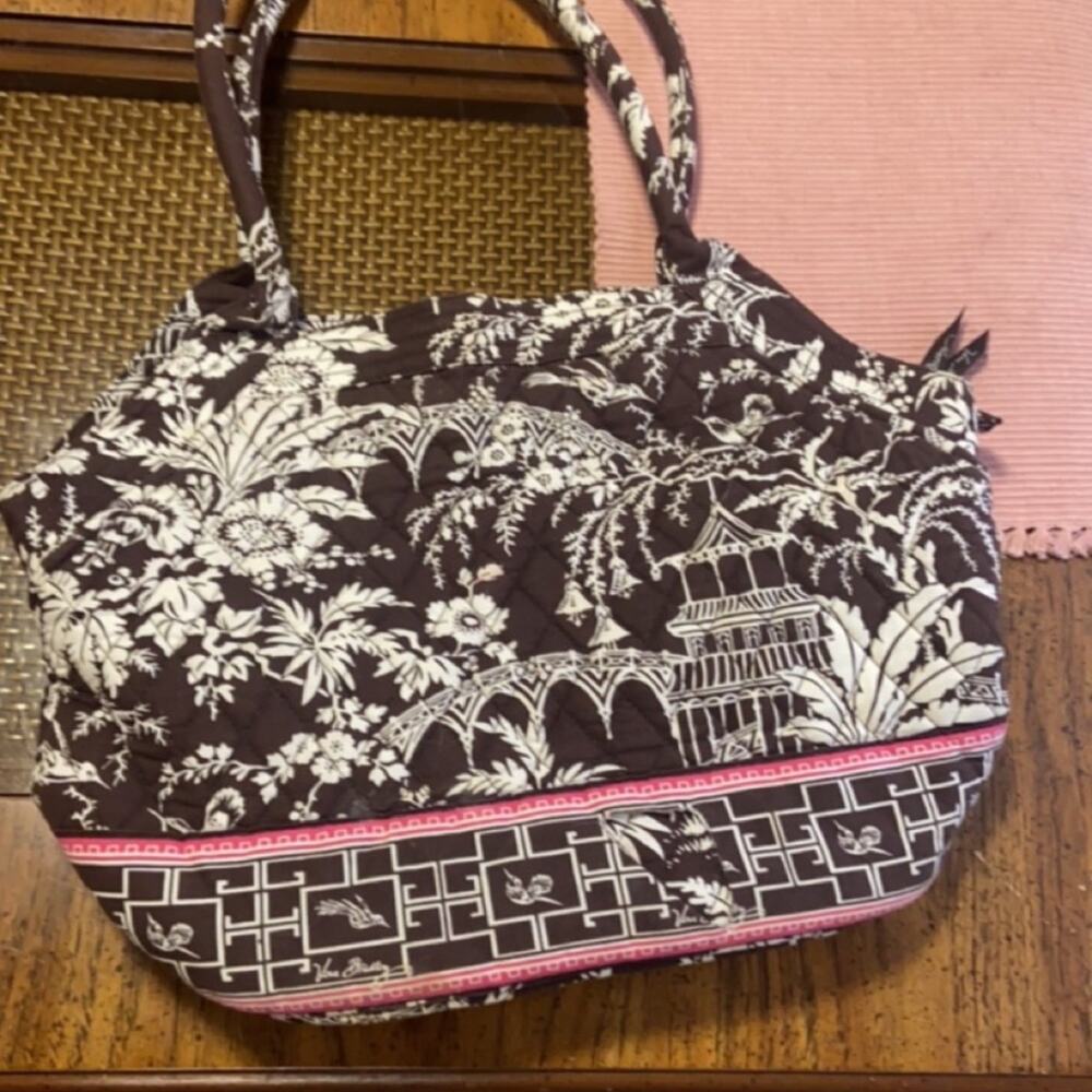 Vera Bradley Quilted Floral Pagoda Tote in Brown, White & Pink Trim